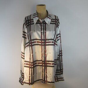 New John Meyer Women 18W Silver Gray Wine Purple Plaid Belt Pattern Blouse Shirt